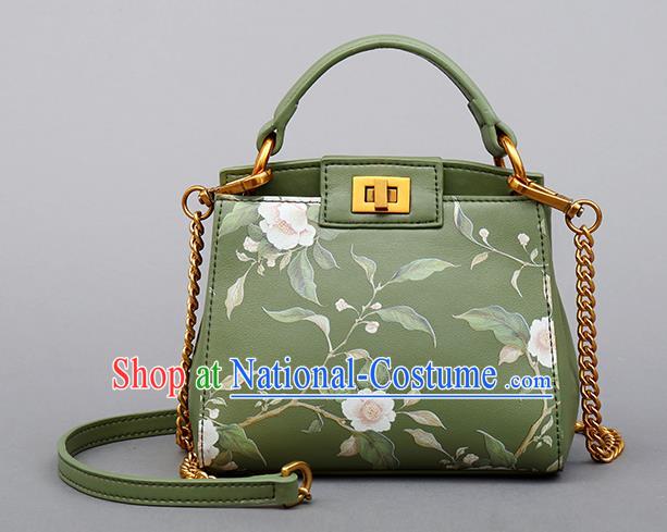 Traditional Handmade Asian Chinese Element Clutch Bags Shoulder Bag Printing Flowers National Green Handbag for Women