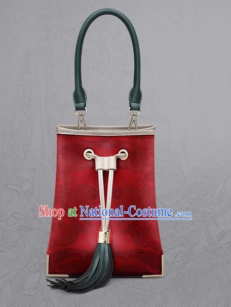 Traditional Handmade Asian Chinese Element Clutch Bucket Bags Shoulder Bag Printing National Red Handbag for Women