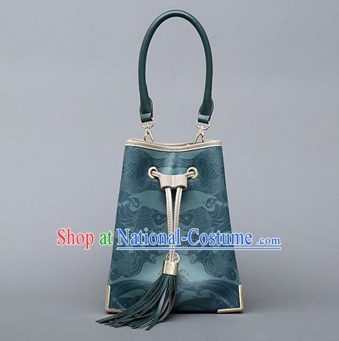 Traditional Handmade Asian Chinese Element Clutch Bucket Bags Shoulder Bag Printing National Green Handbag for Women