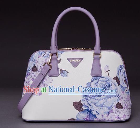 Traditional Handmade Asian Chinese Element Printing Peony Shoulder Bags National White Handbag for Women