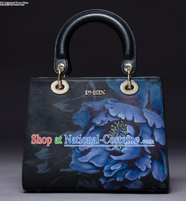 Traditional Handmade Asian Chinese Element Painting Peony Square Clutch Bags National Black Handbag for Women