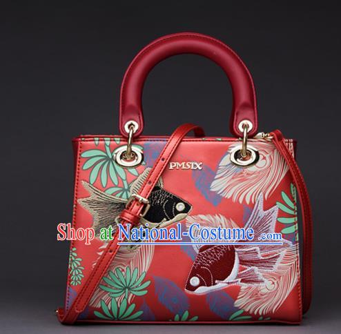 Traditional Handmade Asian Chinese Element Embroidered Fish Clutch Bags National Evening Dress Bride Red Handbag for Women