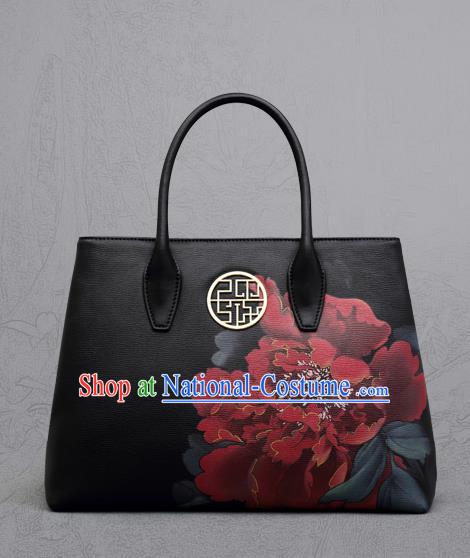 Traditional Handmade Asian Chinese Element Clutch Bags Shoulder Bag National Printing Peony Black Handbag for Women