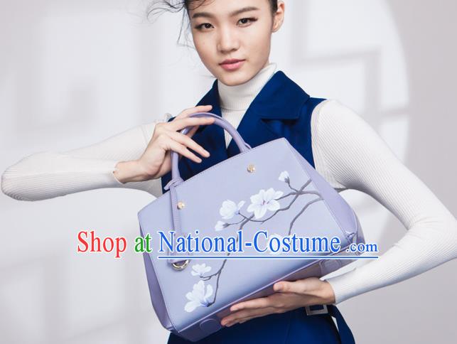 Traditional Handmade Asian Chinese Element Clutch Bags Shoulder Bag National Printing Mangnolia Flowers Lilac Handbag for Women