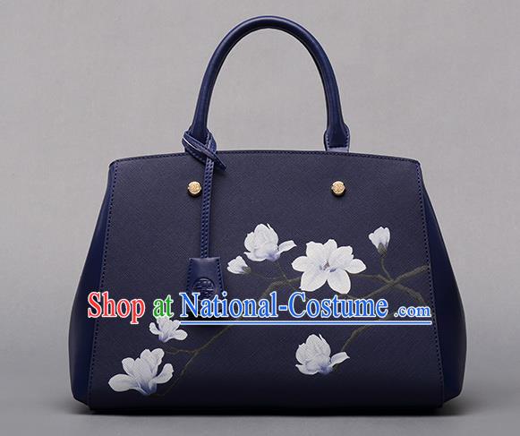 Traditional Handmade Asian Chinese Element Clutch Bags Shoulder Bag National Printing Mangnolia Flowers Royalblue Handbag for Women