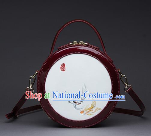 Traditional Handmade Asian Chinese Element Printing Messenger Bags Shoulder Bag National Red Round Handbag for Women