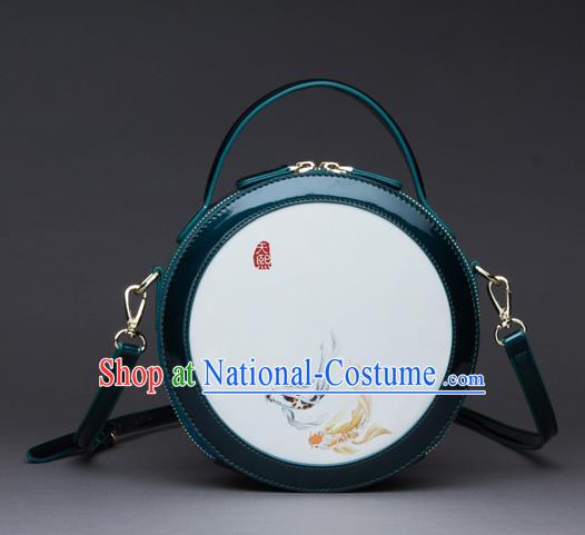 Traditional Handmade Asian Chinese Element Printing Messenger Bags Shoulder Bag National Green Round Handbag for Women