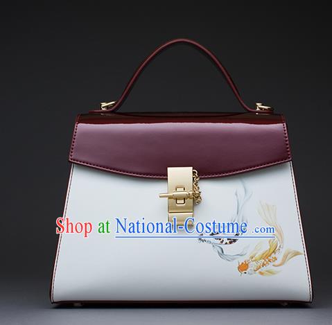 Traditional Handmade Asian Chinese Element Patent Leather Clutch Bags Shoulder Bag National Printing Fish Red Handbag for Women