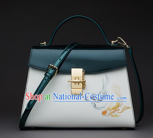 Traditional Handmade Asian Chinese Element Patent Leather Clutch Bags Shoulder Bag National Printing Fish Green Handbag for Women