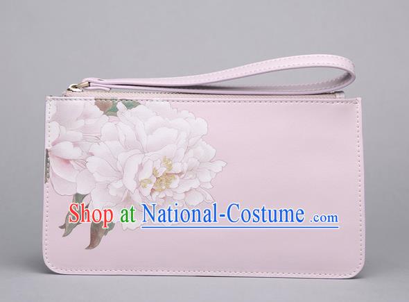 Traditional Handmade Asian Chinese Element Clutch Bags Shoulder Bag National Printing Flowers Pink Handbag for Women