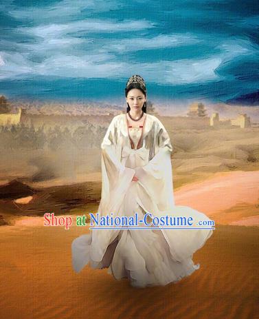 Asian Chinese Traditional Ancient Imperial Princess Costume and Headpiece Complete Set, Lost Love In Times China Northern and Southern Dynasties Young Lady Dress Clothing