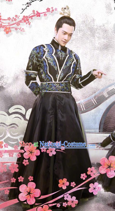 Asian Chinese Traditional Ancient Crown Prince Costume and Headpiece Complete Set, Once Upon a Time China Deities Swordsman Embroidery Robe Clothing