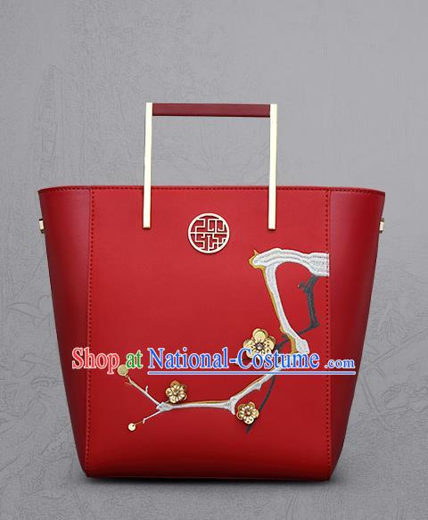 Traditional Handmade Asian Chinese Element Clutch Bags Shoulder Bag National Embroidery Plum Blossom Red Handbag for Women