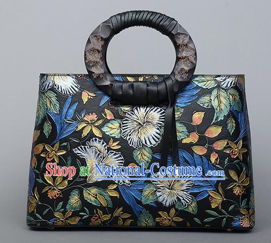 Traditional Handmade Asian Chinese Element Clutch Bags Shoulder Bag National Printing Flowers Evening Dress Leather Handbag for Women