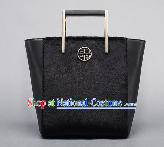 Traditional Handmade Asian Chinese Element Clutch Bags Shoulder Bag National Black Leather Handbag for Women