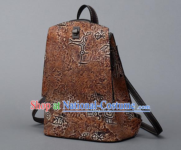 Traditional Handmade Asian Chinese Element Clutch Bags Backpack National Bronze Pattern Brown Leather Handbag for Women