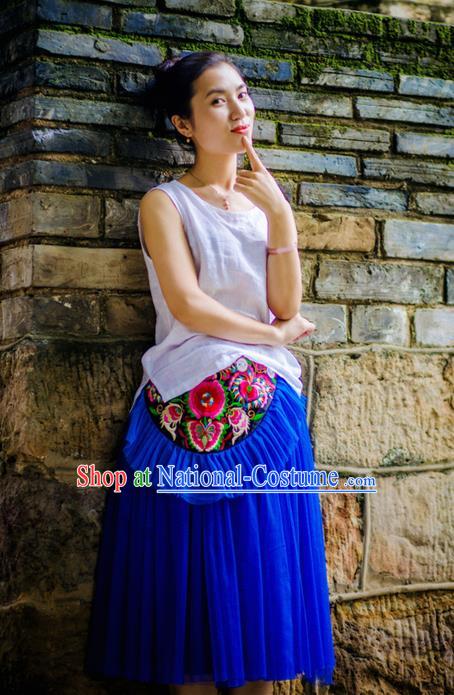 Traditional Handmade Chinese National Embroidery Miao Nationality Waist Pocket Blue Belt for Women