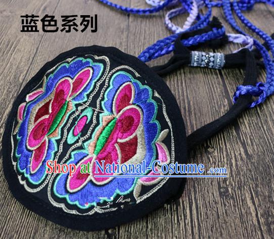 Traditional Handmade Chinese National Embroidery Headwear Miao Nationality Blue Headband for Women