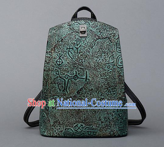 Traditional Handmade Asian Chinese Element Clutch Bags Backpack National Bronze Pattern Green Leather Handbag for Women