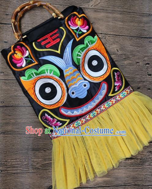 Traditional Handmade Chinese National Embroidery Bamboo Handle Bags Miao Nationality Embroidered Tiger Handbag for Women