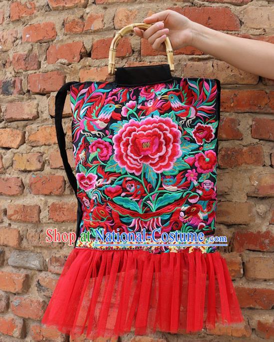 Traditional Handmade Chinese National Embroidery Bamboo Handle Bags Miao Nationality Embroidered Peony Red Handbag for Women