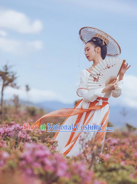 Traditional Ancient Chinese Young Lady Costume Embroidery Half-Sleeves Blouse and Skirt Complete Set, Elegant Hanfu Clothing Chinese Song Dynasty Imperial Princess Clothing for Women