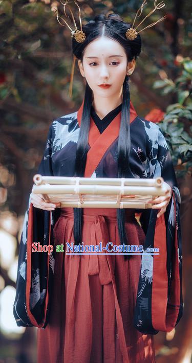 Traditional Ancient Chinese Costume Slant Opening Ru Skirt, Elegant Hanfu Clothing Chinese Jin Dynasty Imperial Princess Wide Sleeve Printing Crane Robe Clothing for Women