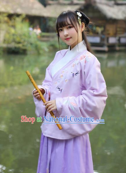 Traditional Ancient Chinese Costume Ming Dynasty Embroidery Slant Opening Blouse and Skirt, Elegant Hanfu Clothing Chinese Princess Sleeve Placket Dress Clothing for Women