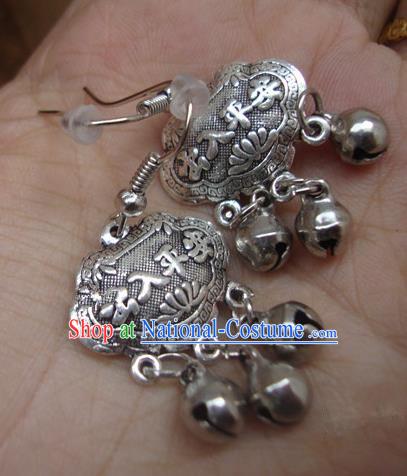 Traditional Handmade Chinese National Miao Nationality Sliver Bells Longevity Lock Earrings for Women