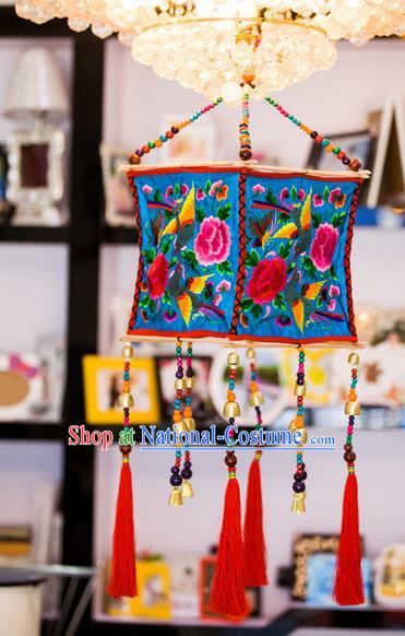 Traditional Handmade Chinese National Lampshade Embroidery Miao Nationality Blue Lamp Screen