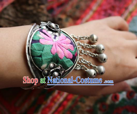 Traditional Handmade Chinese National Miao Nationality Sliver Bracelet Embroidery Bells Tassel Bangle for Women