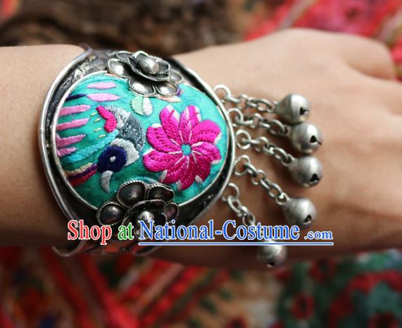 Traditional Handmade Chinese National Miao Nationality Sliver Bracelet Embroidery Bells Tassel Bangle for Women