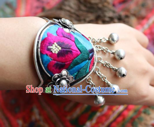 Traditional Handmade Chinese National Miao Nationality Sliver Bracelet Embroidery Bells Tassel Bangle for Women