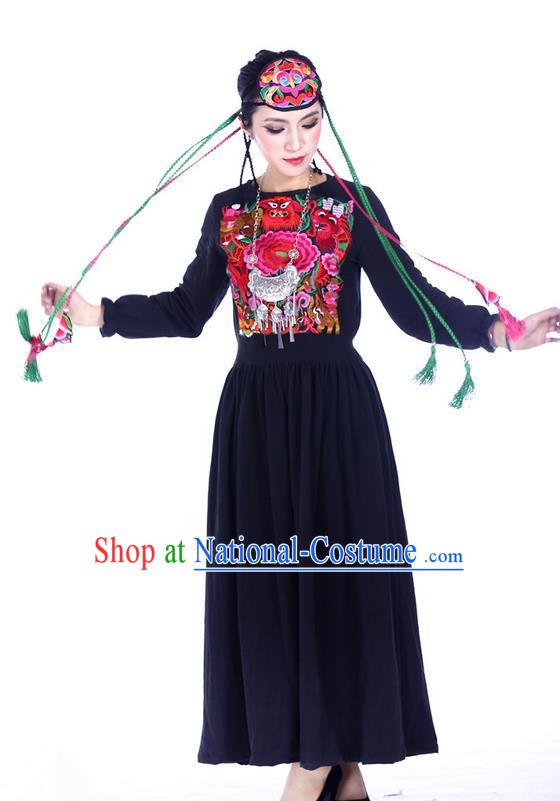 Traditional Chinese National Costume Linen Long Dress, Elegant Hanfu Embroidered Tang Suit Blue Dress for Women