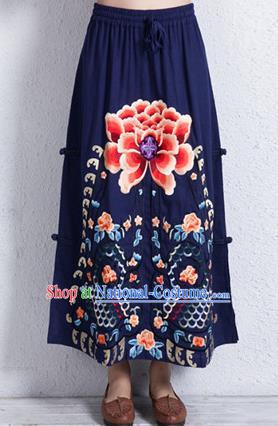 Traditional Chinese National Costume Linen Half Skirt, Elegant Hanfu Embroidered Peony Tang Suit Navy Bust Skirt for Women