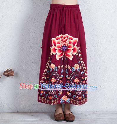 Traditional Chinese National Costume Linen Half Skirt, Elegant Hanfu Embroidered Peony Tang Suit Wine Red Bust Skirt for Women