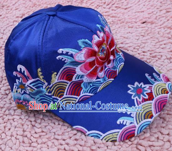 Traditional Handmade Chinese National Embroidery Headwear Miao Nationality Blue Cap for Women