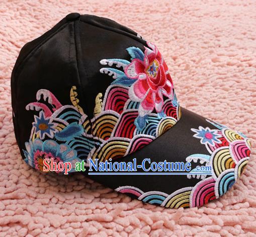 Traditional Handmade Chinese National Embroidery Headwear Miao Nationality Black Cap for Women