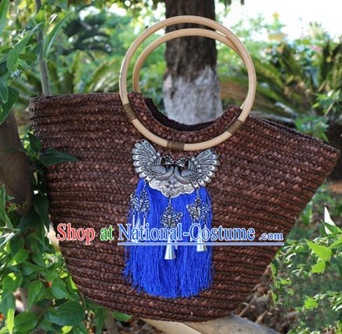 Traditional Handmade Chinese National Straw Plaited Article Bags Miao Nationality Sliver Handbag