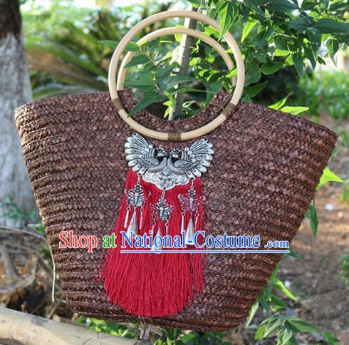 Traditional Handmade Chinese National Straw Plaited Article Bags Miao Nationality Sliver Red Tassel Handbag