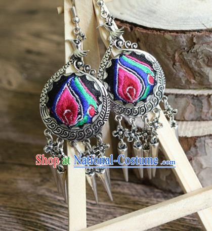 Traditional Handmade Chinese National Miao Nationality Sliver Embroidery Tassel Earrings for Women