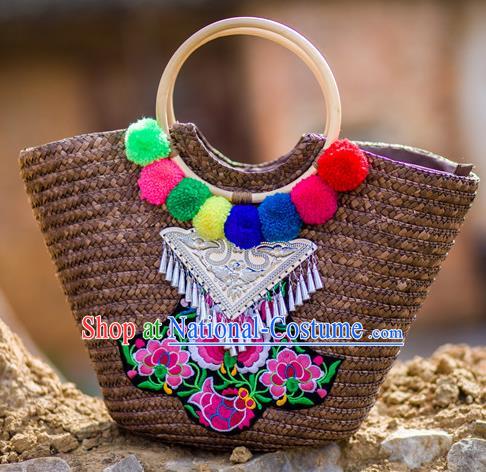 Traditional Handmade Chinese National Straw Plaited Article Bags Embroidery Miao Nationality Sliver Handbag