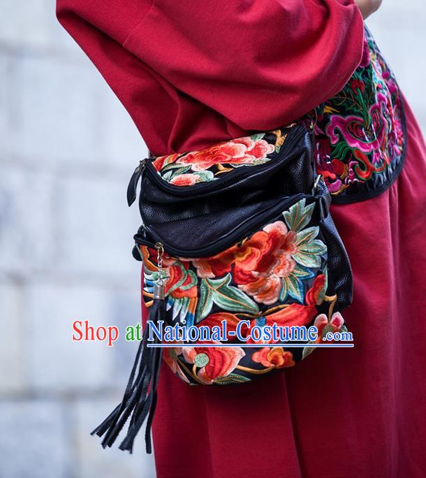 Traditional Handmade Chinese National Waist Bag Miao Nationality Embroidery Red Flowers Leather Pocket for Women