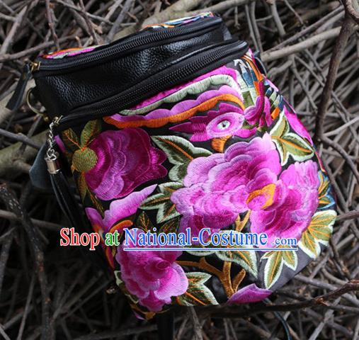 Traditional Handmade Chinese National Waist Bag Miao Nationality Embroidery Pink Flowers Leather Pocket for Women