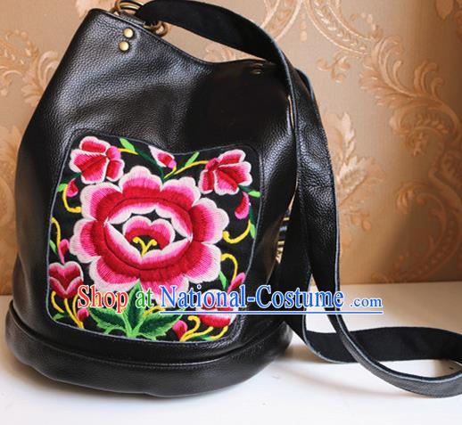 Traditional Handmade Chinese National Shoulder Bag Miao Nationality Embroidery Flowers Leather Bags for Women