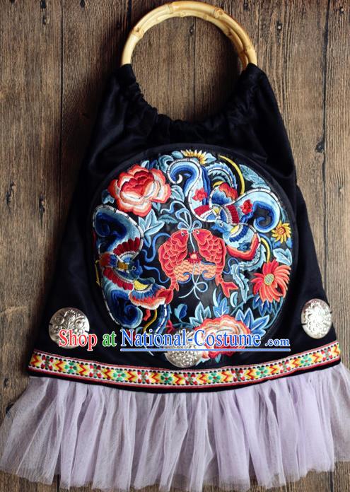 Traditional Handmade Chinese National Article Bags Embroidery Dragon Miao Nationality Bamboo Handle Handbag