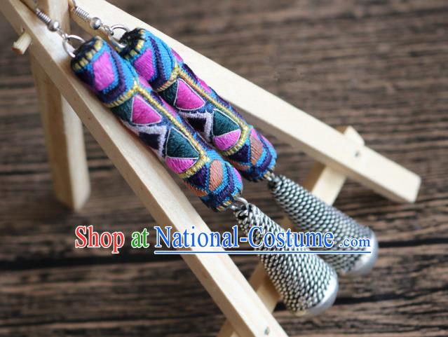 Traditional Handmade Chinese National Miao Nationality Sliver Eardrop Embroidery Earrings for Women