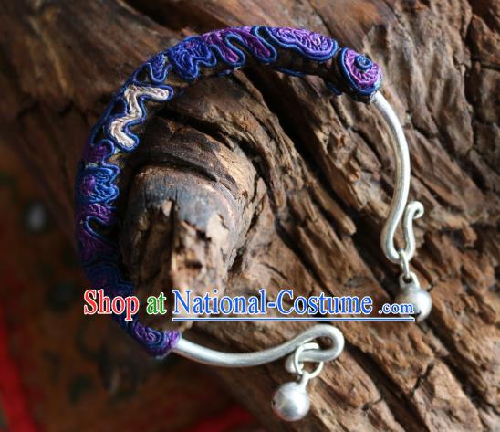 Traditional Handmade Chinese National Miao Nationality Sliver Bracelet Purple Embroidery Bell Bangle for Women