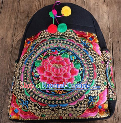 Traditional Handmade Chinese National Shoulders Bag Miao Nationality Embroidery Flowers Backpack Bags for Women