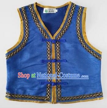 Traditional Chinese Mongol Nationality Dance Costume, Mongols Children Folk Dance Ethnic Vest, Chinese Mongolian Minority Nationality Embroidery Blue Waistcoat for Kids